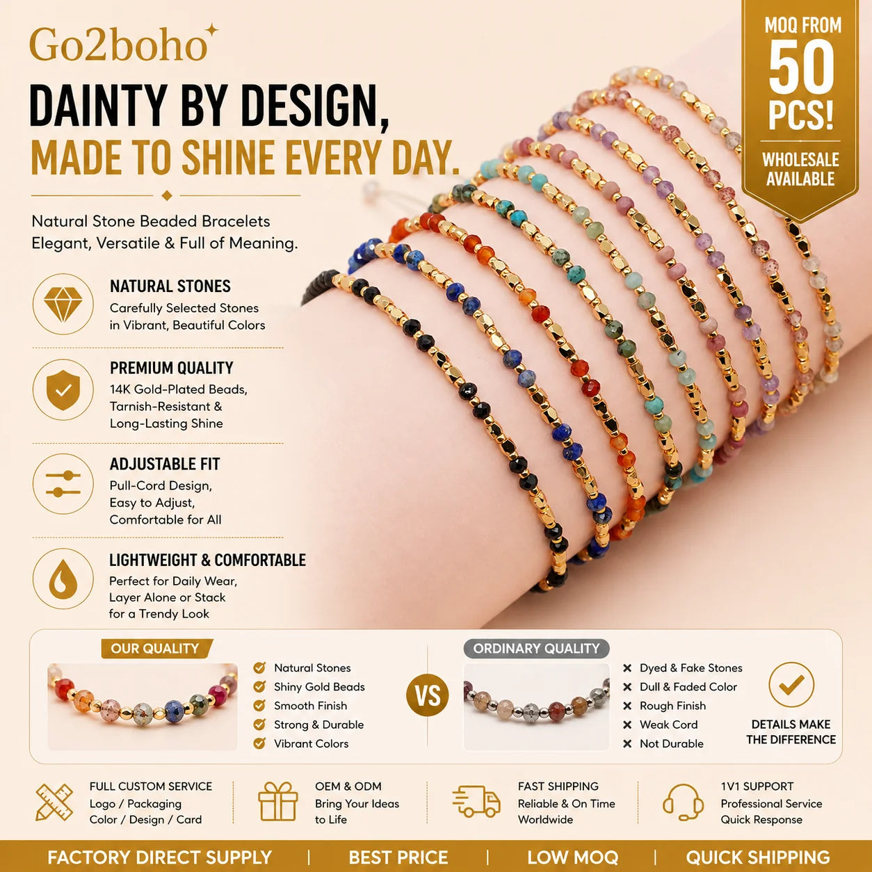 Go2boho Boho Adjustable Dainty Semi-Precious Stone Beads Bracelets and Charm Bracelets Wholesale for Women