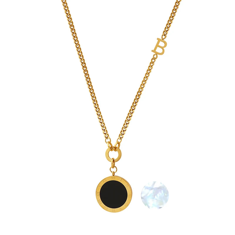 Waterproof and Colorfast Roman Digital Double Sided Pendant Sweater Chain Stainless Steel Necklace for Women