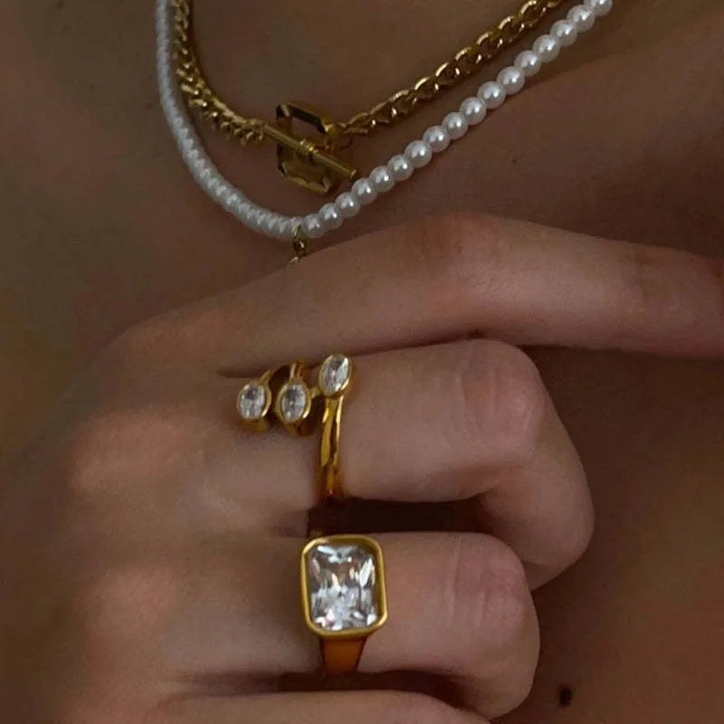 Luxury Wholesale Bulk Women Finger Adjustable Rings Brass Jewelry 18k Gold Plated  White Zircon Rings for Girls Women