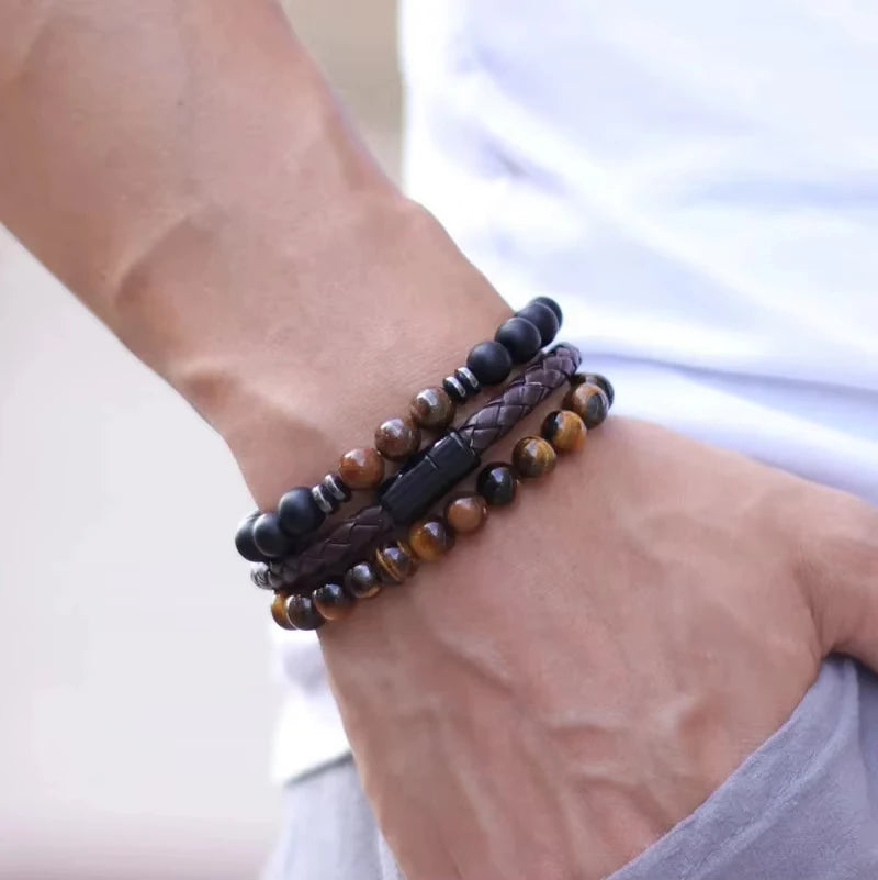 8mm Natural Tiger Eye Bead Bracelet Unisex Classic Style Stainless Steel Leather Alloy Fashionable Beaded Bracelets Men Women