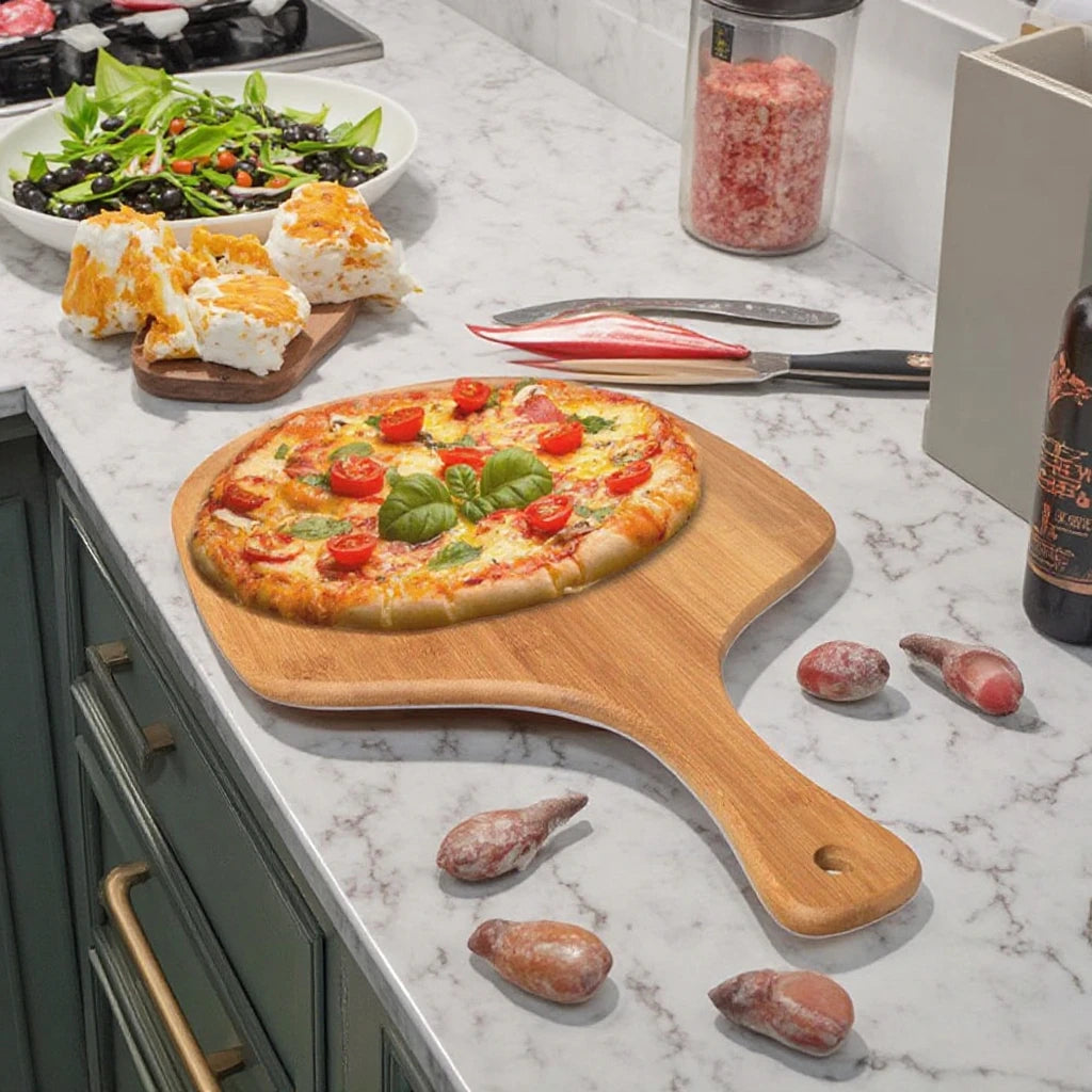 Ownswing 12-Inch Wooden Serving Tray with Bamboo Handle Food Grade Square Pizza Peel Paddle Cutting Board Stylish Nature Design