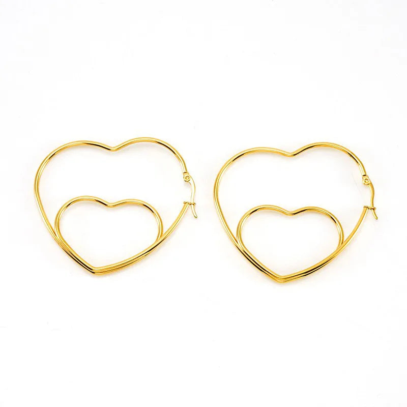 Minimalist 18K Gold Plated Stainless Steel Double Heart Hollow Hoop Earrings New Trendy Design for Women