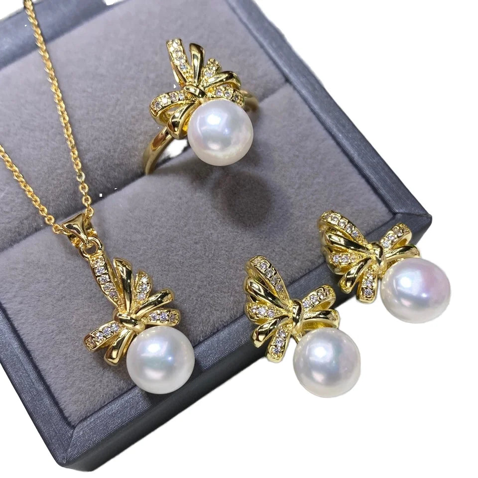 New Design 18K Gold Plated Ribbon Bow Shape Jewelry Set Women Cute Freshwater Pearl Pendant Necklace Earrings Ring Jewelry Set