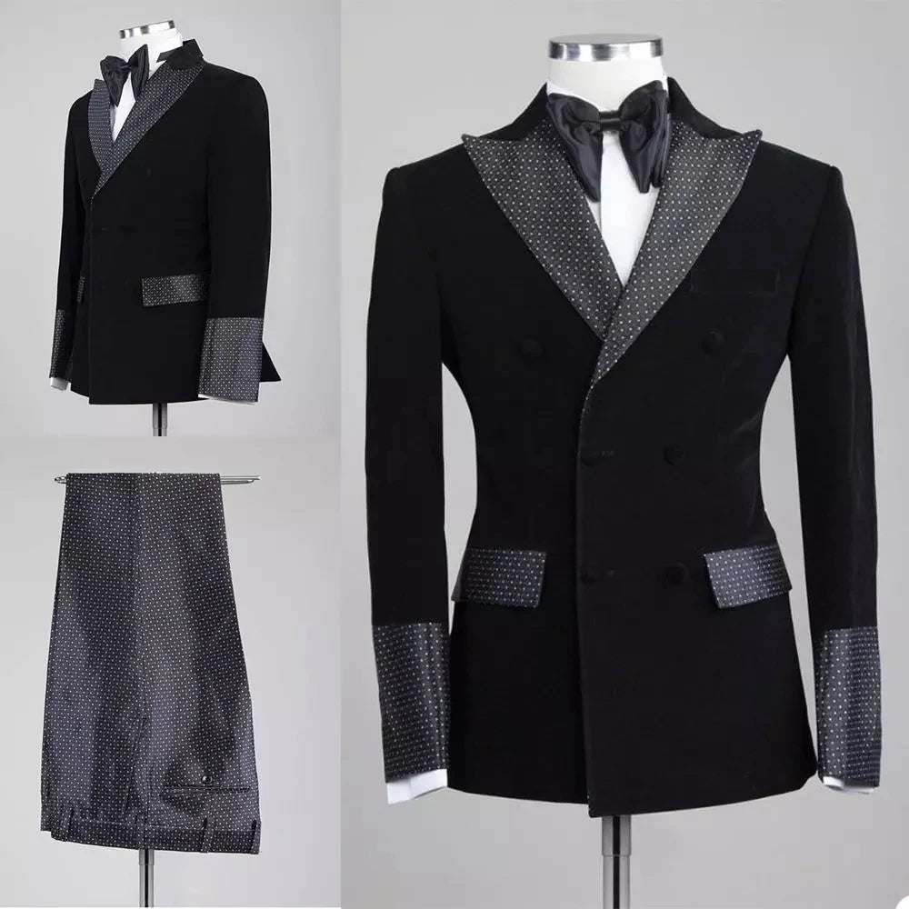 Latest Black Velvet Jacket Dot Pant Men Suits Dot Peaked Lapel 2021 Prom Blazer Costume Homme Terno Masculino Groom Blazer 2 Pcs