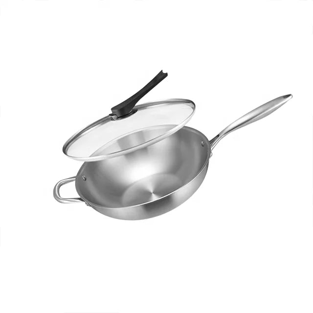 Manufacturer Chinese Style 32-36cm Tri-Ply Stainless Steel Frying Pan Cooking Wok No Coating Induction Cooker Kitchen Cookware