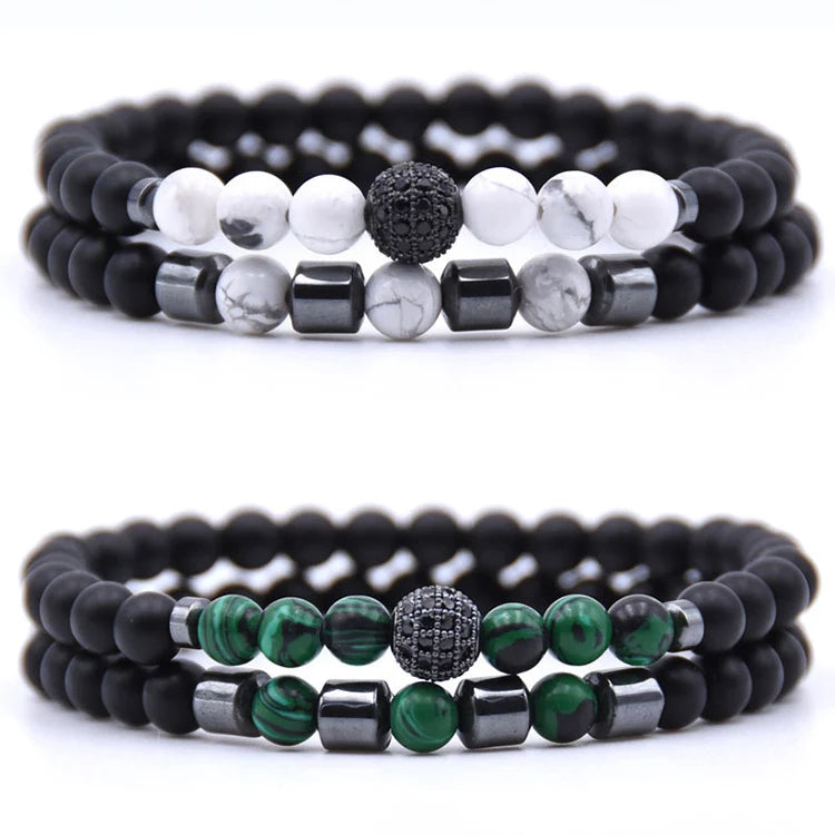 G1638 6MM Stone Beads Bracelets 2Pcs/Set Women Men Jewelry CZ Ball Stone Bead Bracelet