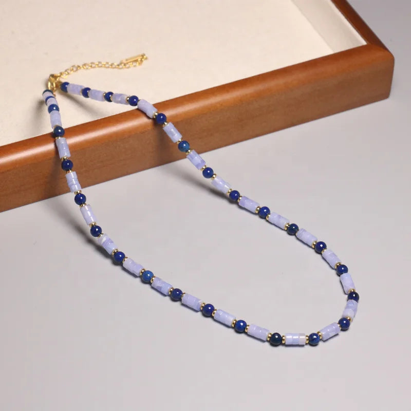 Natural Amethyst Column Stone Beaded Necklace Choker for Women Fashion 14k Gold Plated Chain Purple Jade Beaded Necklace