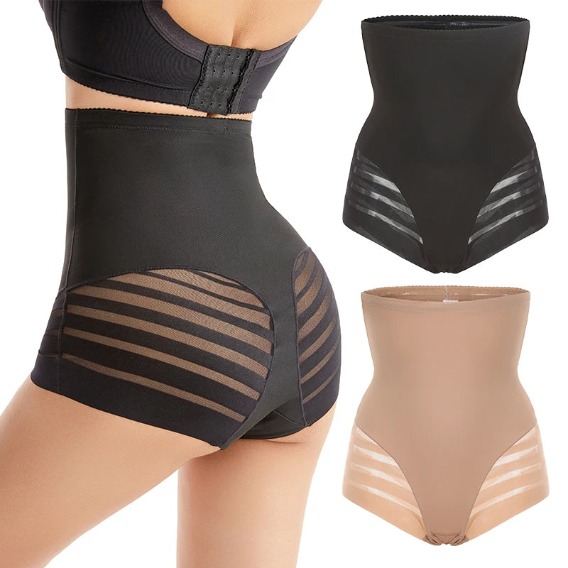 Plus Size Women Underwear High Waist Tummy Control Girdle Stripe Lace Body Shaper Shapewear Panties Waist Slim Butt Lifter