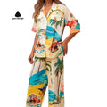 Green Dimple Loose Printed Color Blocking Short Sleeve Shirt Tie Long Pants Vacation Women's Casual Suit