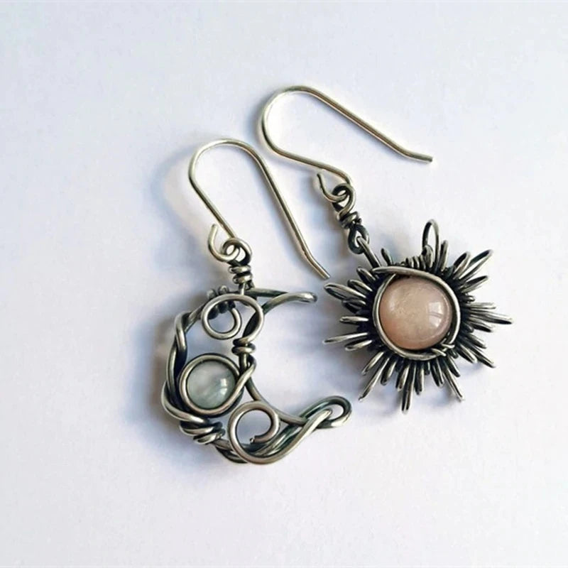 Old Fashion Retro Bohemian Jewelry Moon Sun Moonstone Hook Earrings for Women