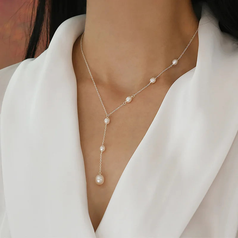 S925 Silver Chain with Freshwater Pearl Design High-end Light Luxury Collarbone Personality Ins Style Female Stackable Necklace