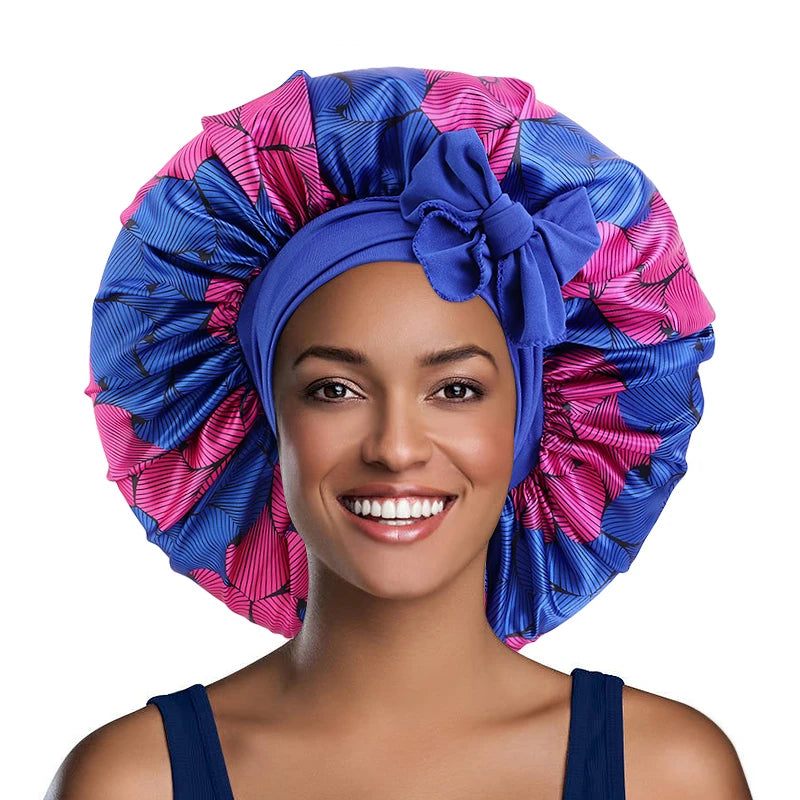 Wholesale Printing Colorful Extra Big Size Satin Bonnets With Tie Bonnet With Adjustable Ties for Women Hair Cover