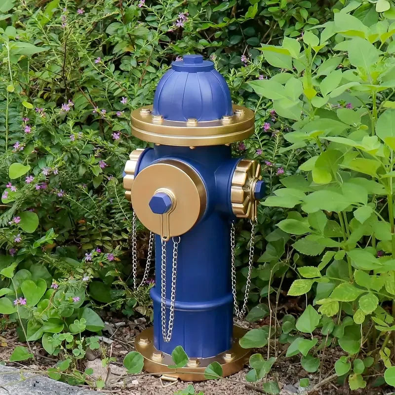 Blue Resin Fire Hydrant Ornament with Gold Chain and Silver Top Realistic Lawn Decor for Outdoor Yard Pathway Decor