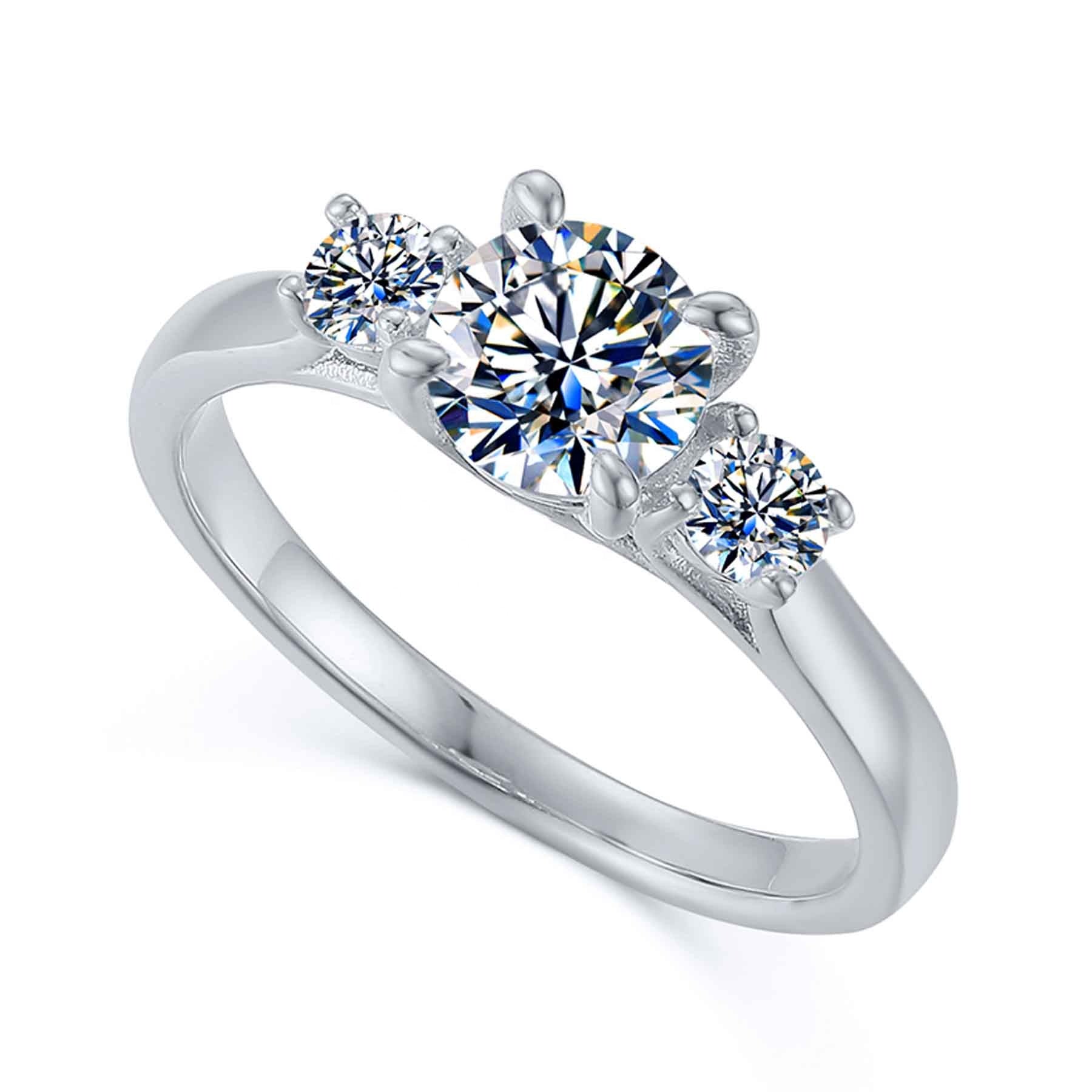 Wholesale Trendy Women Jewelry S925 Sterling Silver Rhodium Plated Three Stone Round CZ Engagement Promise Ring Fine Finger Ring