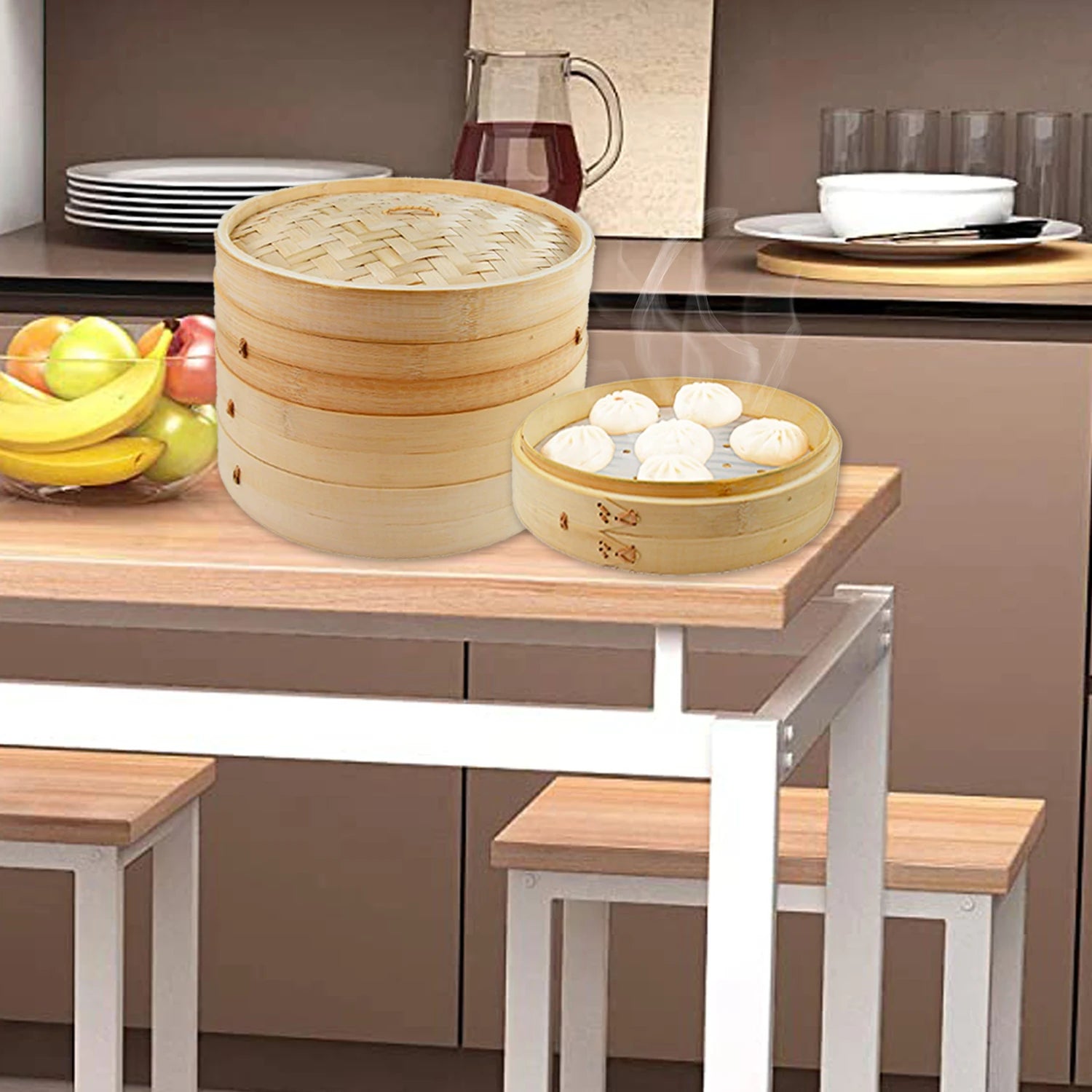 10 Inch Bamboo Steamer Basket Set With Side Handles Chopsticks Ceramic Sauce Dishes Paper Liners for Dumplings Buns Rice Foods