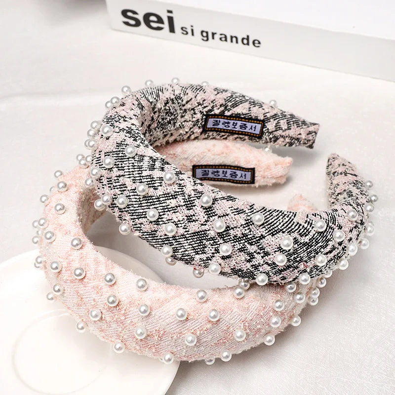 Wholesale Luxury Women's Pearl Headband with Pink Grey Flower Lace Hair Accessories Elegant Headband Hairband
