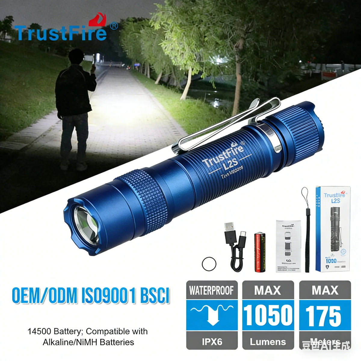 TrustFire L2 Pro 1000 Lumens LED Tactical Flashlight USB C Rechargeable Waterproof Portable Torch for Camping Hiking Emergency