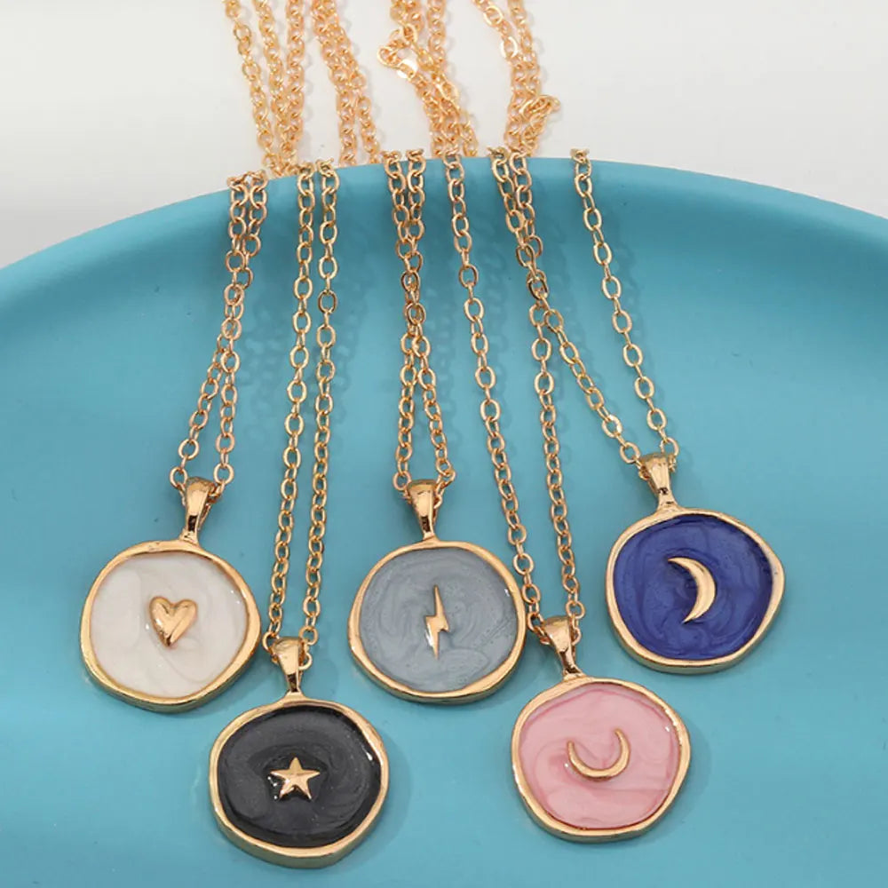 Copper Moon Star Five Pointed Star Thunder-and-lightn Modern Enamel Medal Coin Chain Necklace