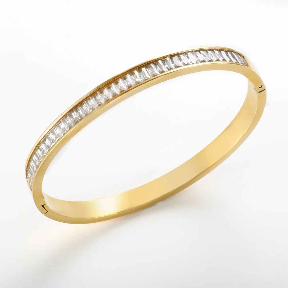 2022 New Stackable Design 18K Gold Plated Stainless Steel 5A Square Stone Men Women Bangle Bracelet Fashion Jewelry