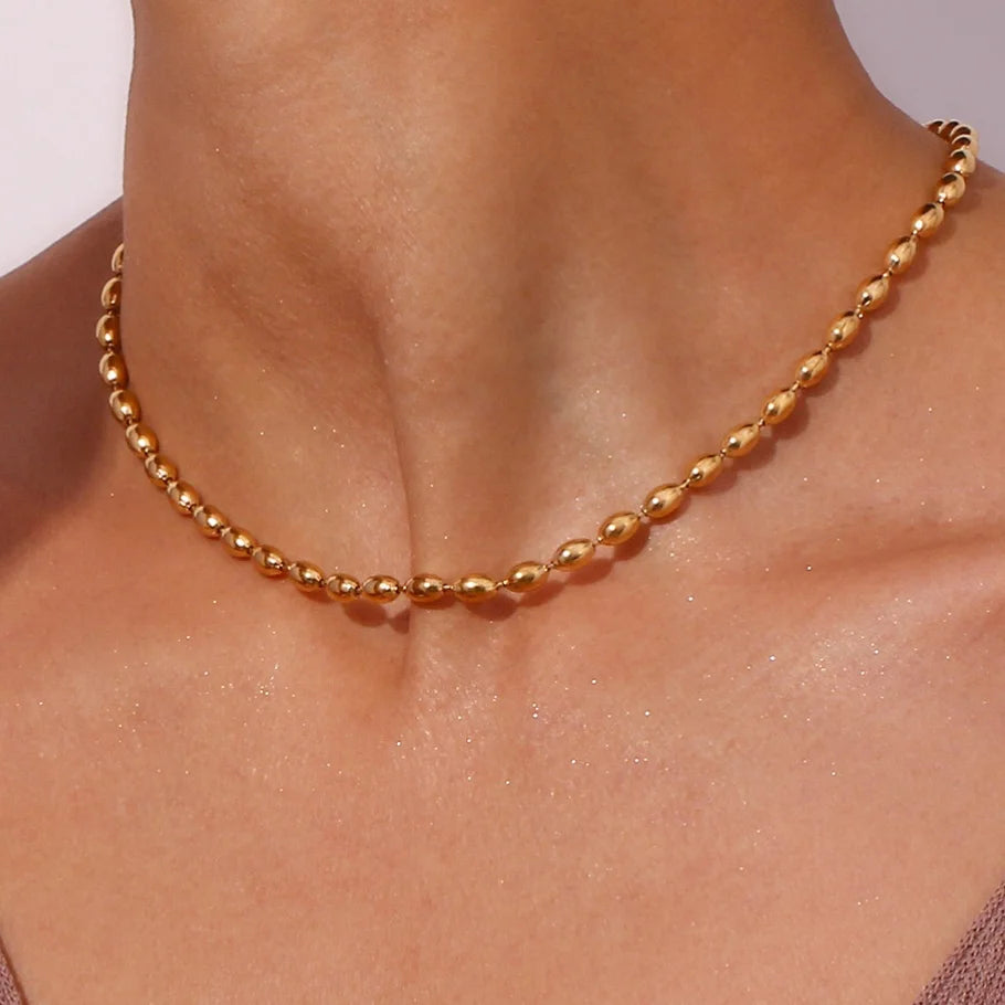 Hot Selling 4mm Wide Oval Bead Necklace Personalized Simple Waterproof Stainless Steel Chain Plated 18k Gold Fashion Jewel