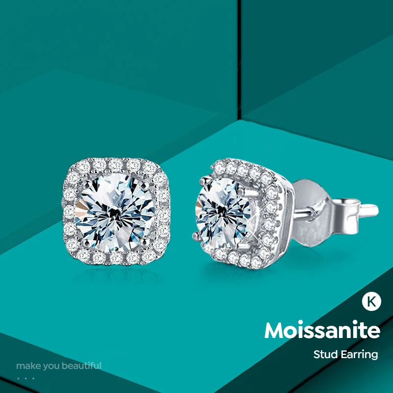 GRA Certified Moissanite Diamond 1ct Vintage Square Halo Stud Earring for Women 925 Sterling Silver 18k Rose Gold WeddingJewelry