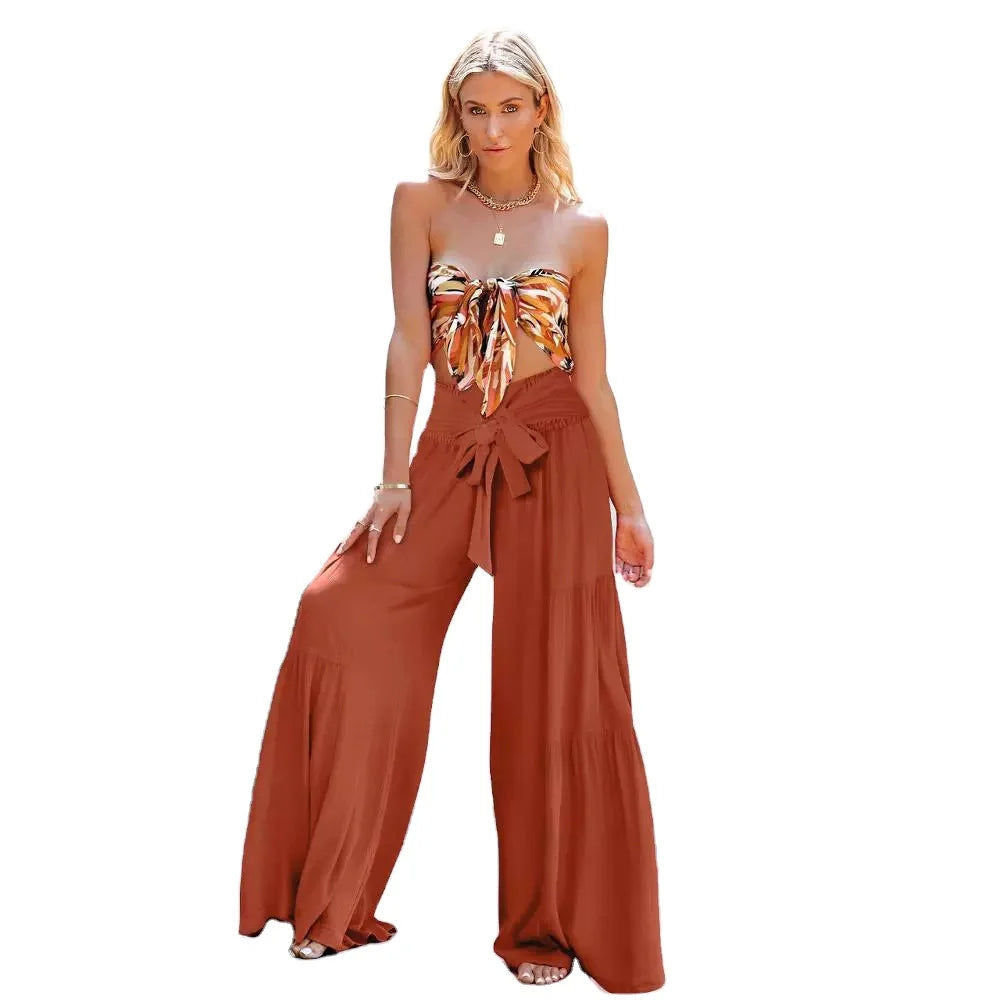 Fashion Wide Leg Pants for Women's Casual Pants 2024 Loose Summer Beach Bohemian Pants With Belt