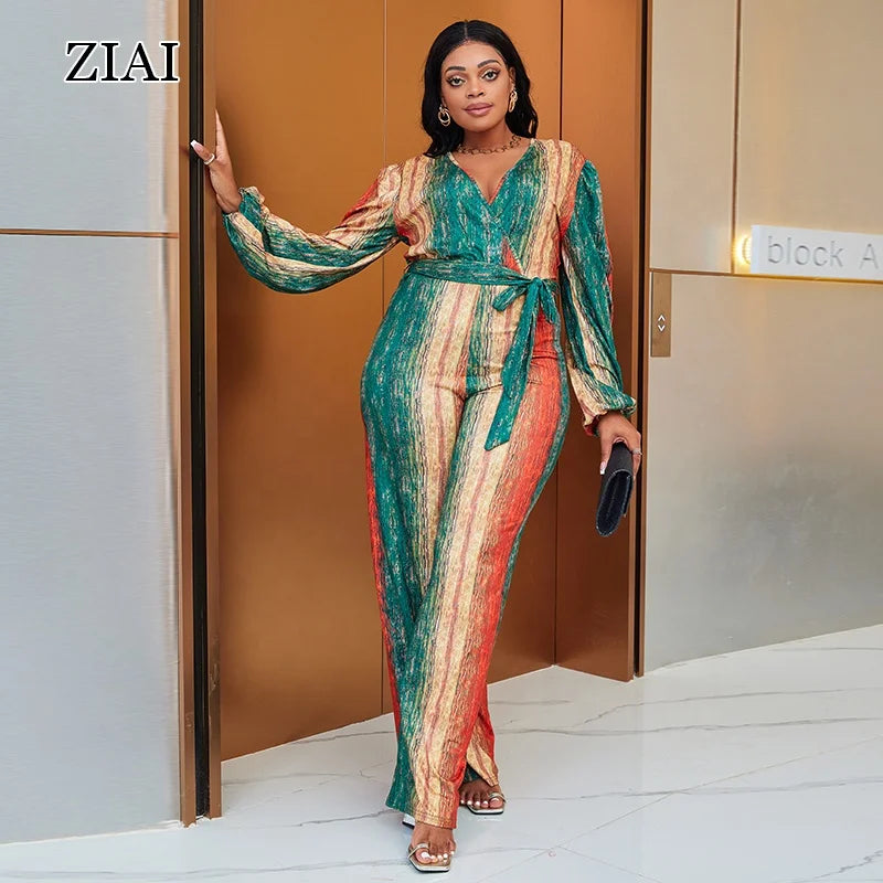 Women Casual Plus Size Jumpsuit Long Sleeve Fashion Wide Leg Jumpsuit Printing