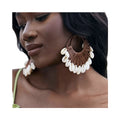 Bohemian Abalone White Puka Cowrie Shell Drop Seashell Raffia Earrings Dangle Boho Jewelry