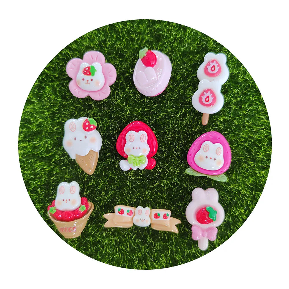 Bulk 100Pcs/Lot Kawaii Cartoon Rabbit Decoration Ice Cream Strawberry Lollipop Peach Flowers Flatback Resin Cabochons DIY Crafts