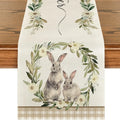 Customized 13x72 Inch Spring Easter Bunny Wreath Pattern Linen Fabric Table Runner for Kitchen Dining Table Decoration