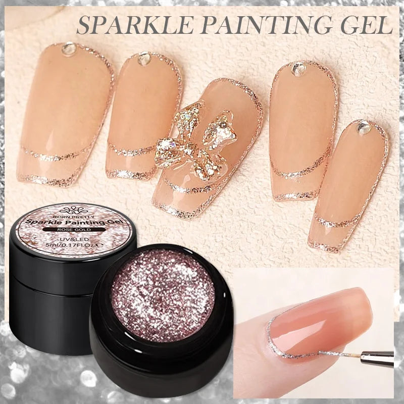 BORN PRETTY Super Shiny Golden Metal Effect Gel Nail Paint High Density Glitter Platinum Liner Painting Gel Polish for Nail Art