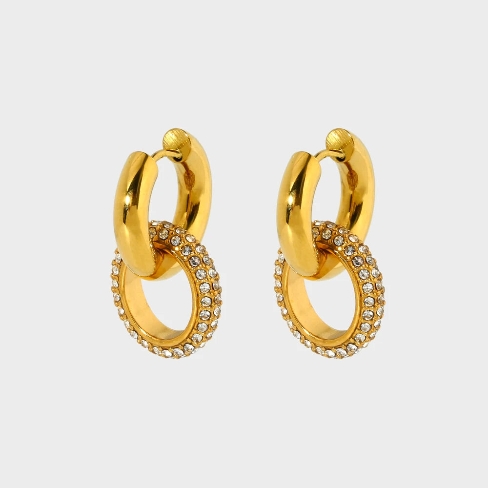 Tarnish Free 18k Gold Plated Stainless Steel Earring Paved Zirconia Stone Ring Dangle Earrings for Women
