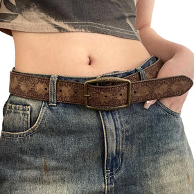 Luxury Designer Emboss Pattern Pin Buckle Waist Belt Female Pu Leather Hip Hop Fashion Waistband Retro Y2K Belts for Women