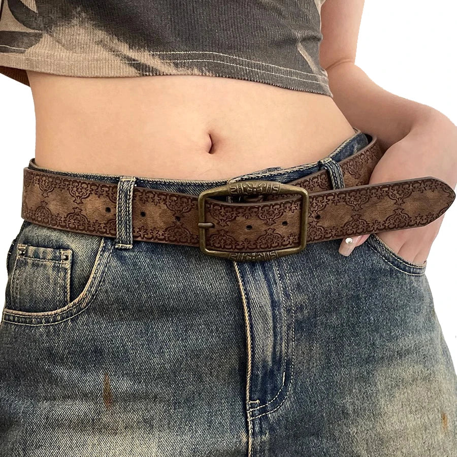 Luxury Designer Emboss Pattern Pin Buckle Waist Belt Female Pu Leather Hip Hop Fashion Waistband Retro Y2K Belts for Women