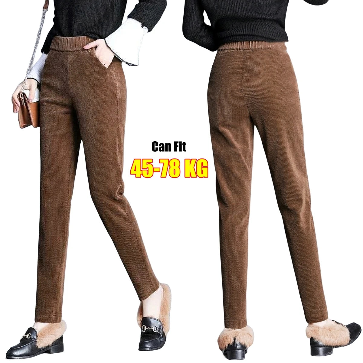 Women Winter Corduroy Warm Pants High Waist Thicken Plush Pocketed Trousers Slim Fit Lady Long Harem Pants