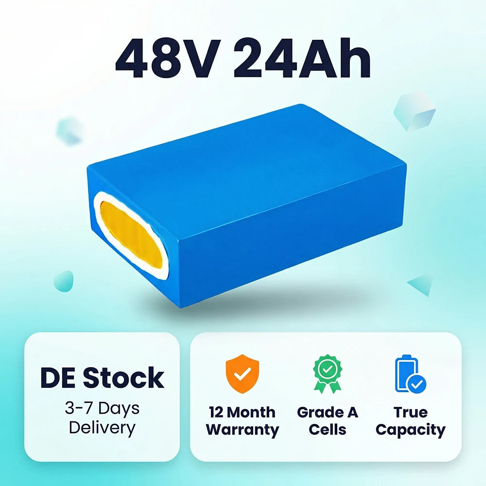48V E-Bike Battery 24Ah German Stock 3000mAh 13s8p Lithium Ion Pack with 50A BMS 4A XT60 Fast Charger for Fat Tire MTB