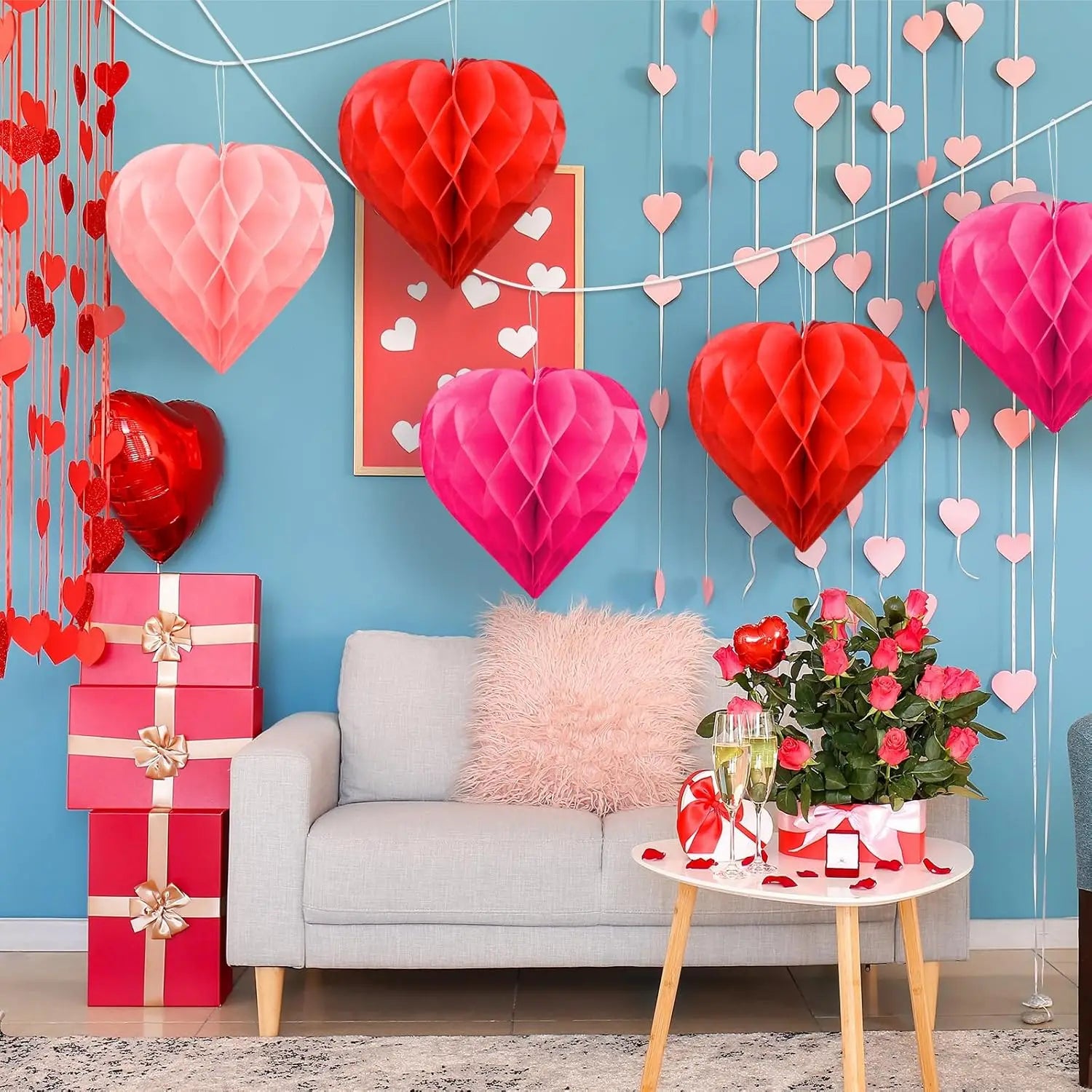 6 Pcs 12 Inches Paper Heart Honeycomb Ball Valentine'S Day Party Decoration Set  for Wedding and New Year Decorations