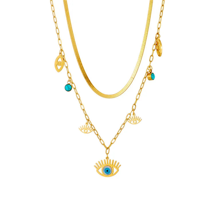 Wholesale Vintage Stainless Steel Bohemian Statement Turquoise Pendant Layered Blue Demon Eye Necklace