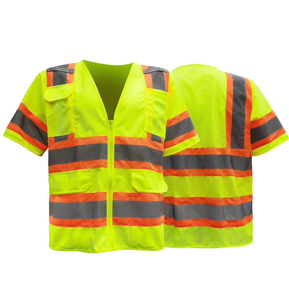 ANSI Class 3 High Visibility Safety Vest Polyester Knitting Fabric Worker Vest Safety Jacket Hi-vis Short Sleeve Safety Vest