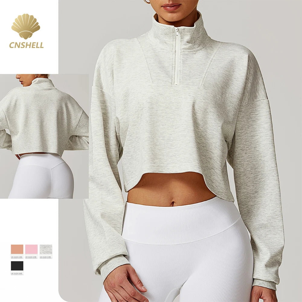 CNSHELL Custom Logo Rayon Spandex Zipper Stand Collar Oversize Drop Shoulder Crop Top Yoga Workout Gym Fitness Sports Jacket
