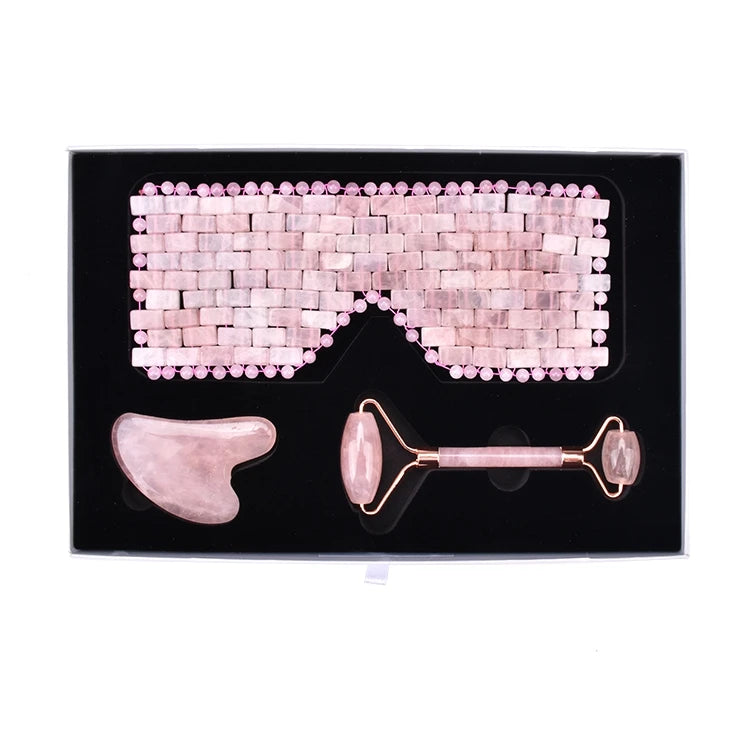 Pufei Holiday Gift Set Luxury Skincare Packaging Korean 3 in 1 Polished Rose Quartz Eye Mask Jade Roller and Gua Sha
