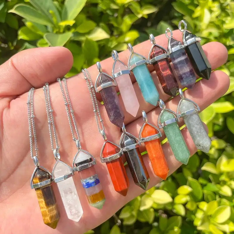 Factory Custom Reiki Healing Hexagonal Crystal Pencil Pendants Rose Quartz Amethyst Point Crystal Pendant Bullet Necklace
