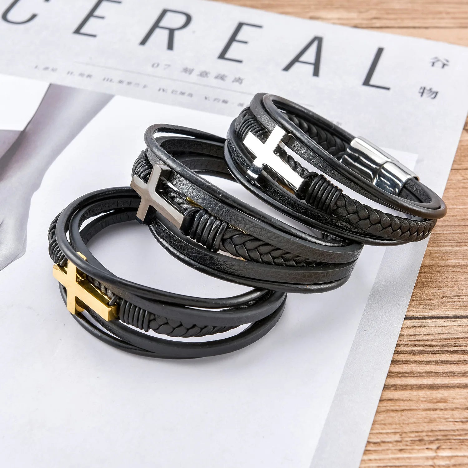Wholesale Stocked Fashion Cross Spacer Christian Leather Thread Bracelet