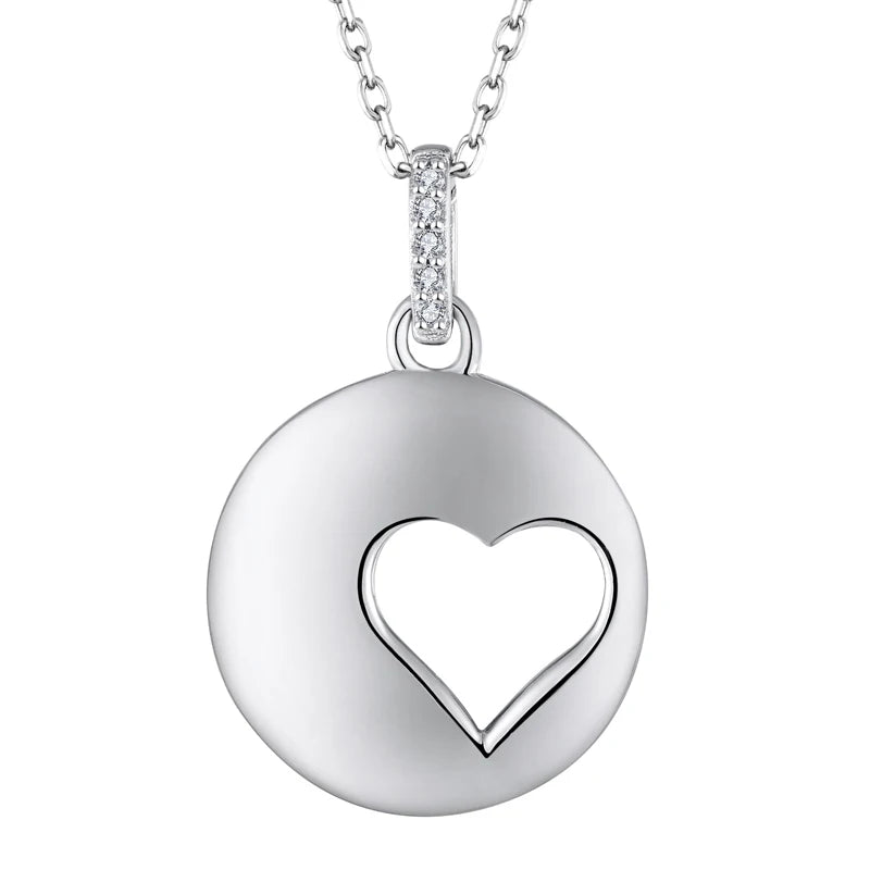 925 Sterling Silver Classic Disc Heart Cutout Pendant Necklace Rhodium Plated CZ Accents Engagement Party Jewelry Gift for Women