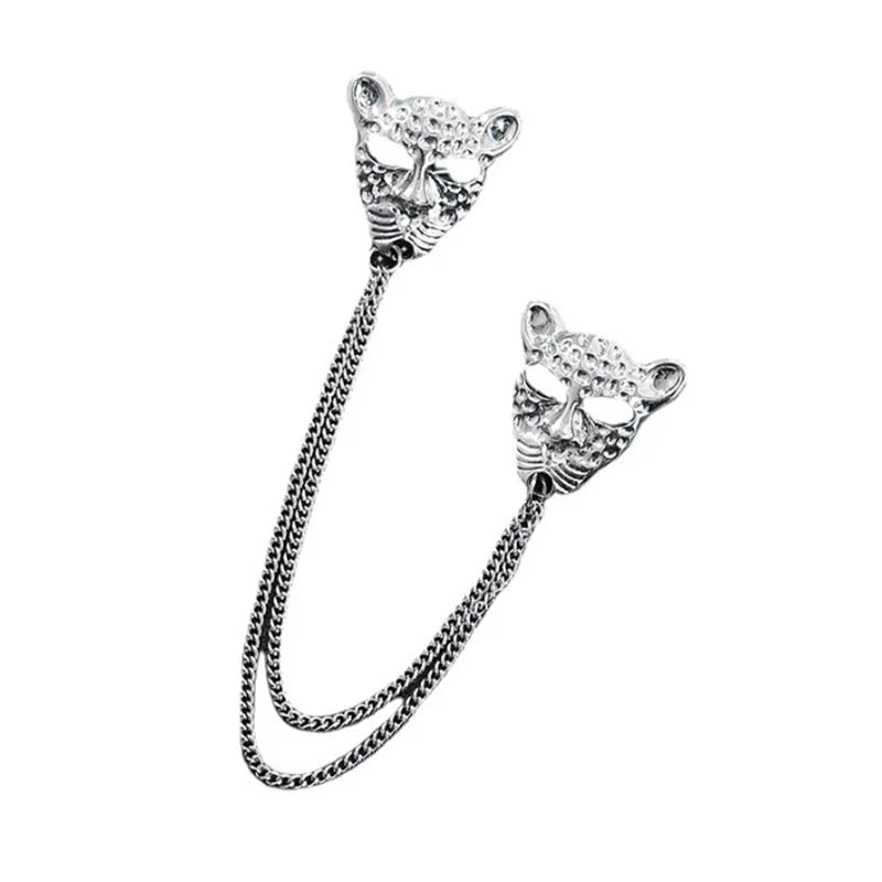 Retro Vintage Lapel Pin Chain Brooches Leopard Head Pin Male Lady Suit Decorative Medal Crystal Mens Animal Brooch Pins