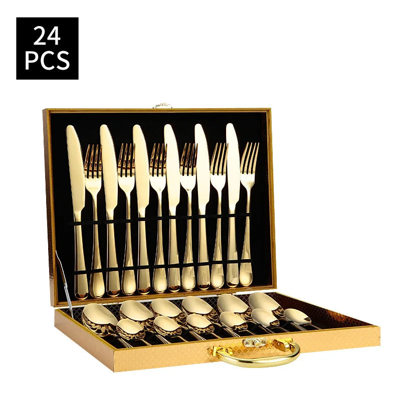 24PCS Cheap Stainless Steel Spoon Fork Knife Flatware Golden Box Solige High Quality Mirror Complete Cutlery Set for Restaurants