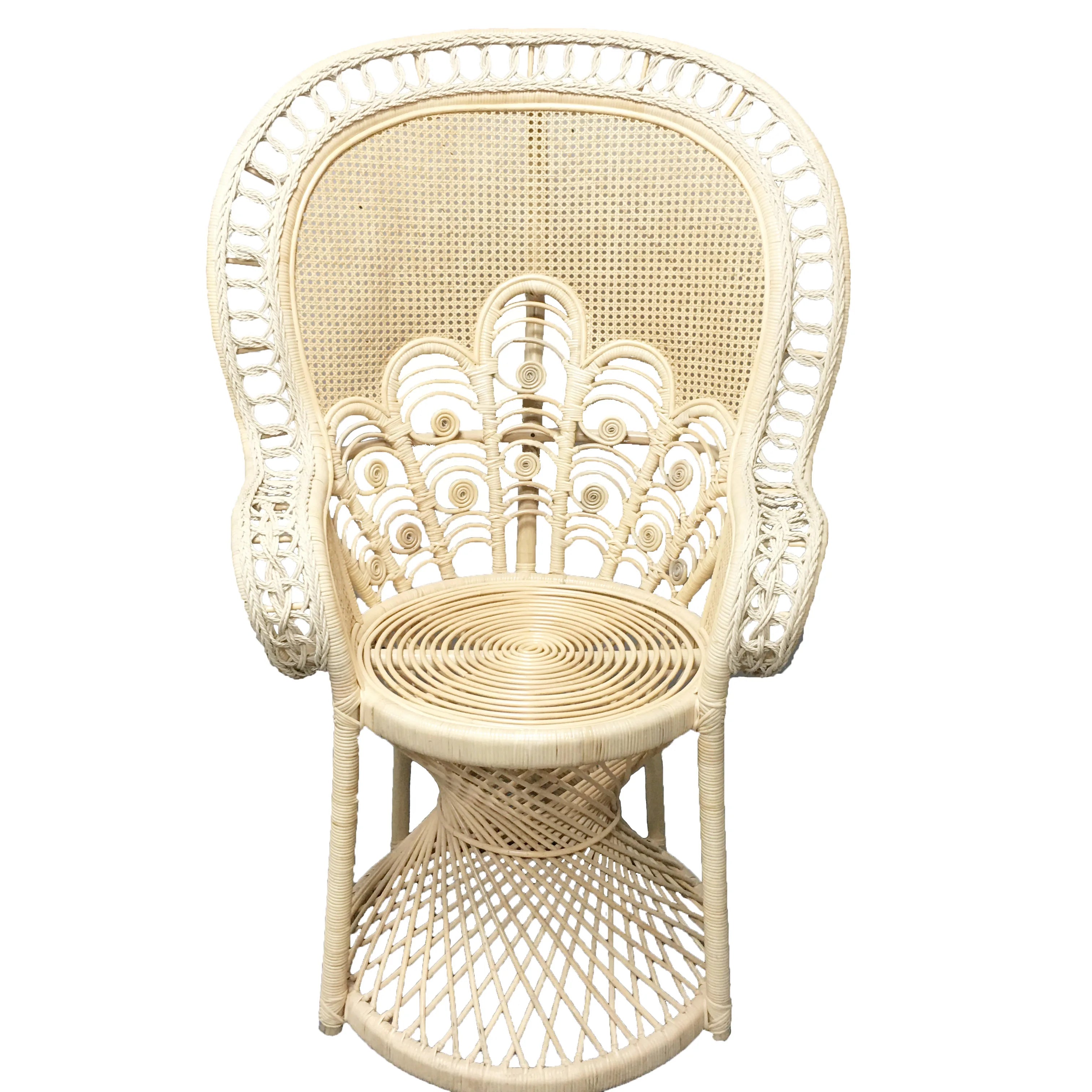 Wedding Hotel Vintage High Back Reception Synthetic Natural Rattan Cane Handwoven Retro Balcony Garden Peacock Wicker Boho Chair