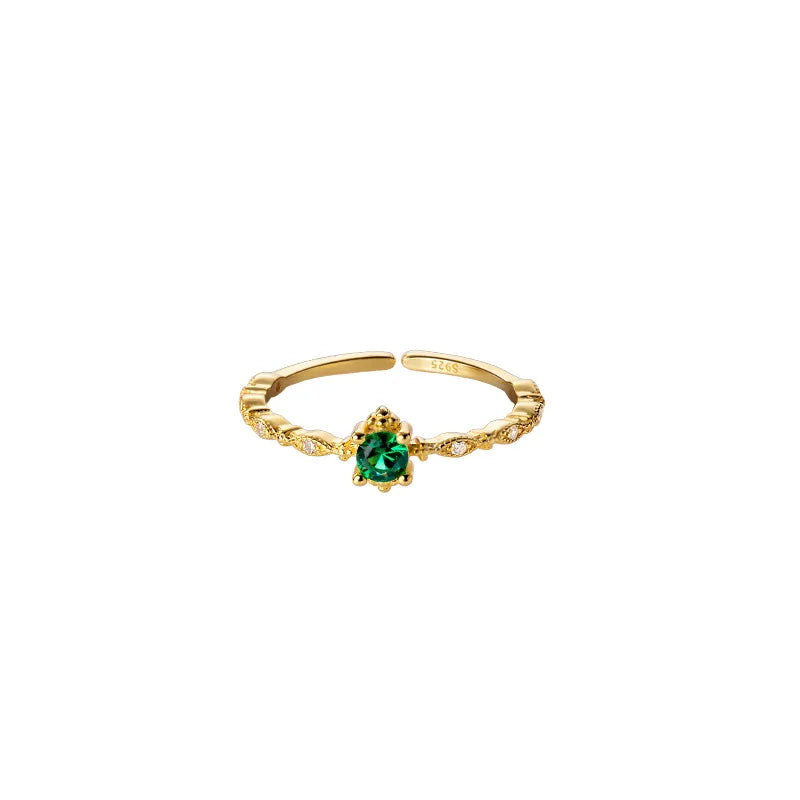 925 Sterling Silver Adjustable Open Ring Gold Plated Small Green Cubic Zirconia Finger Rings Fashion Jewelry for Women