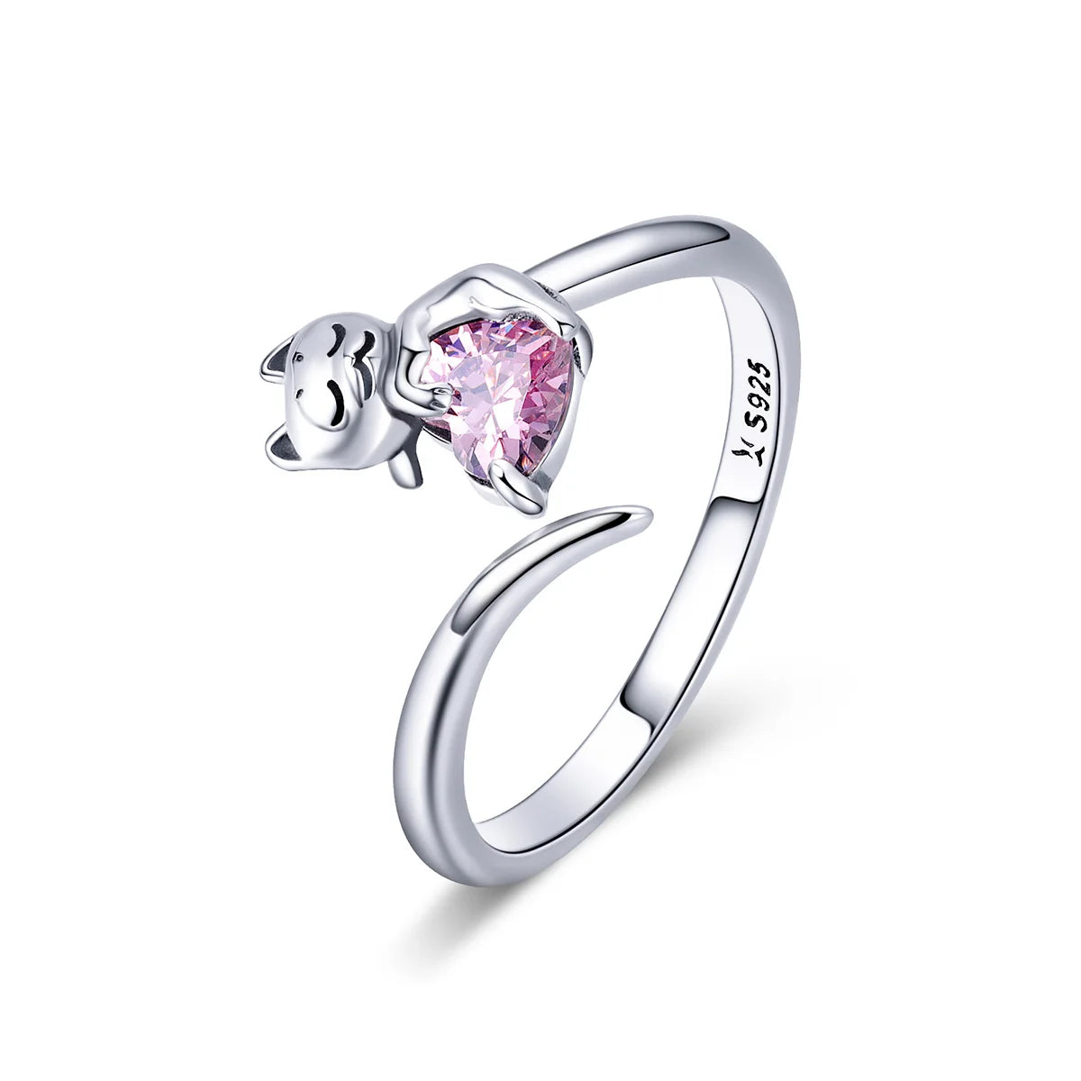Authentic 925 Sterling Silver Adorable Cat Pink CZ Adjustable Finger Rings for Women Sterling Silver Ring Jewelry SCR446