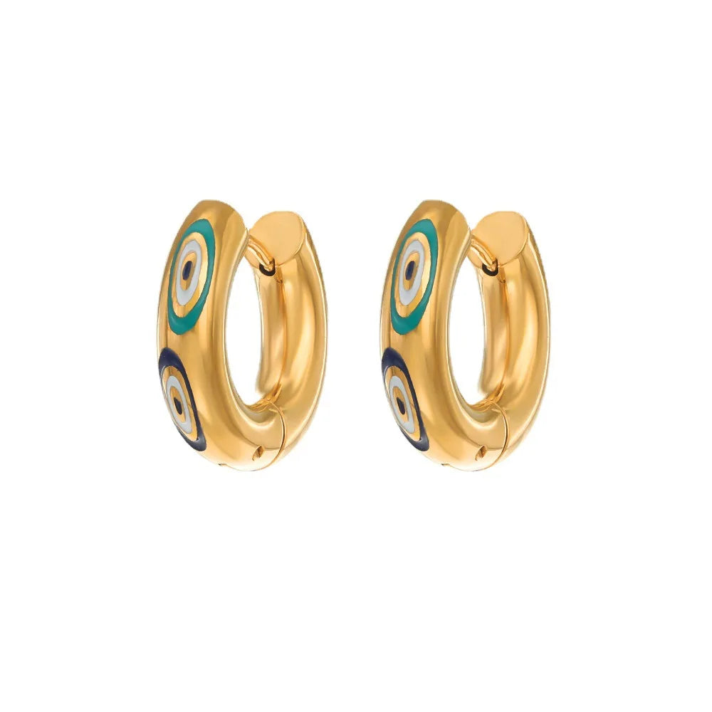 Hip Hop Jewelry Stainless Steel Smooth Round Earring Gold Evil Eyes Huggie Earrings